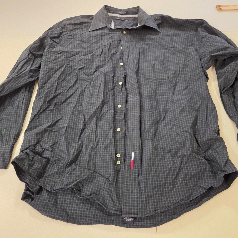Tommy Hilfiger Holiday Tartans Mens 17.5 34/35 Blue Green Plaid Dress Shirt